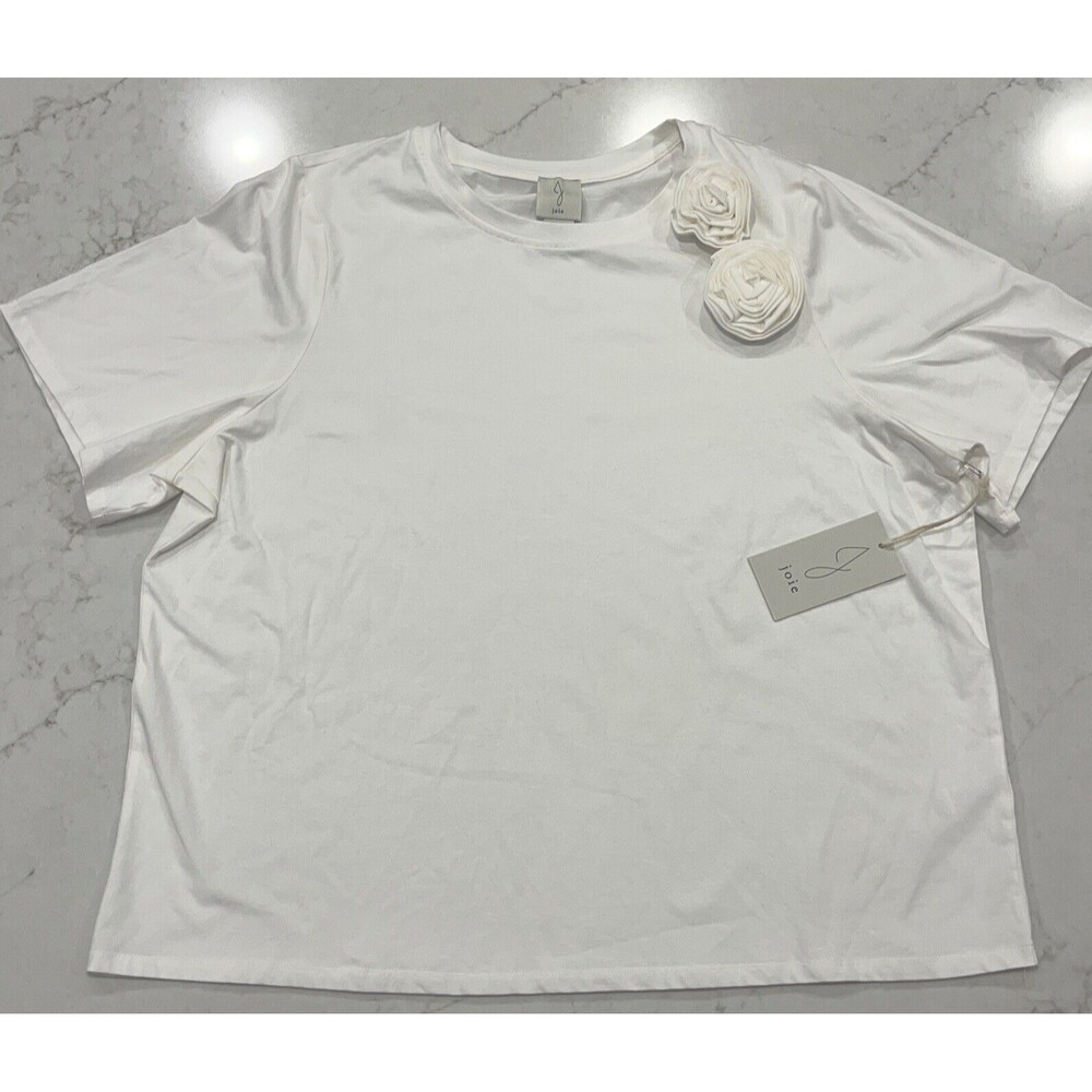 Joie Womens 1X White Round Neck Short Sleeve Tee T Shirt Top Rosettes Cotton NWT